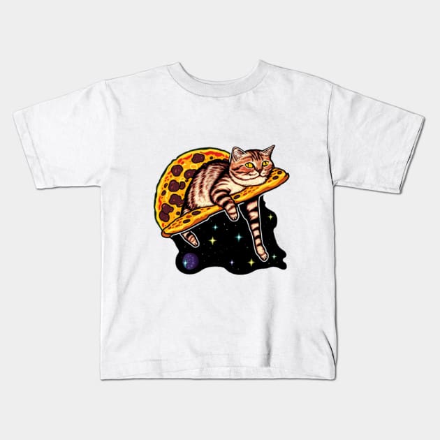 Tired cat riding a slice of pizza in space Kids T-Shirt by Zachariya420